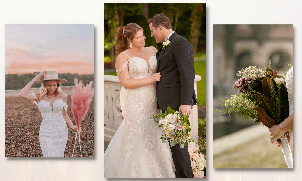 3 photos showing different wedding themes and colors