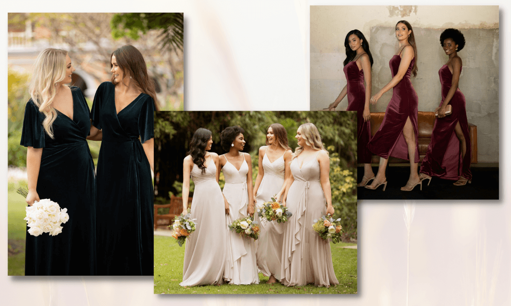 3 photos of different bridal parties in different style and colors dresses