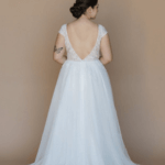 Low back of the beautiful chiffon wedding dress, October