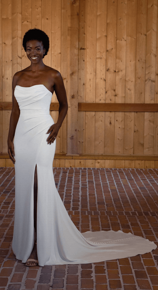 sleeveless, elegant wedding dress, Collins, with a high thigh slit