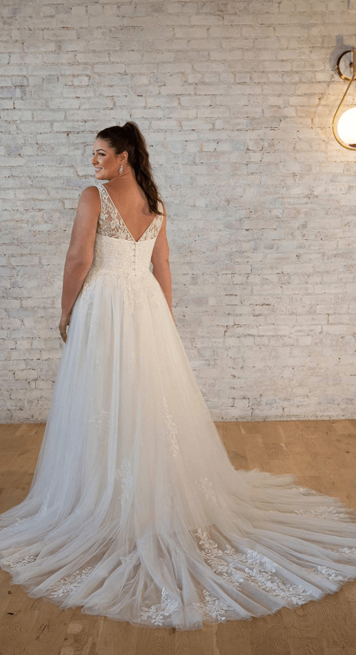 Back of Beautiful lace and chiffon wedding dress, Maryam, with a long train