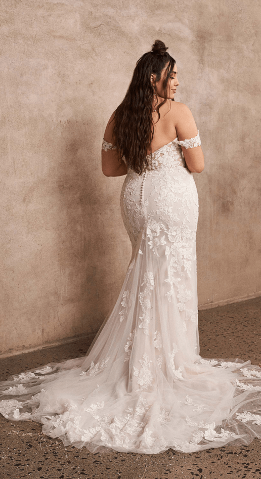 Back of a beautiful lace and chiffon wedding dress, Raylene
