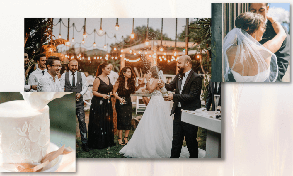 small outdoor wedding with the groom popping champagne