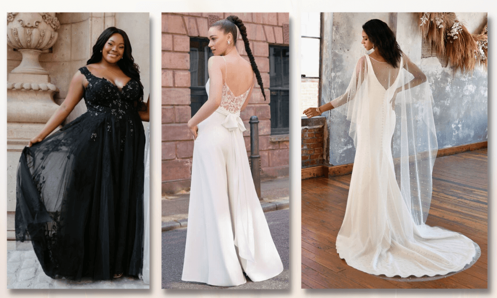 black wedding dress, bridal jumpsuit and elegant white wedding dress with a cape