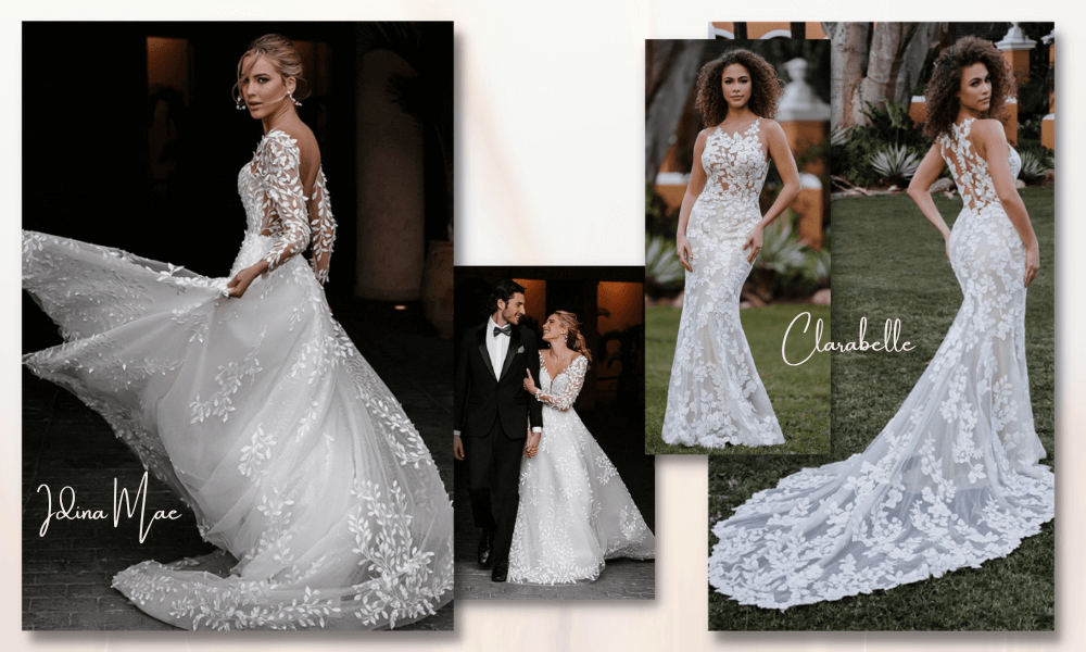 Idina Mae and Clarabelle wedding dresses. Beautiful lace and long trains