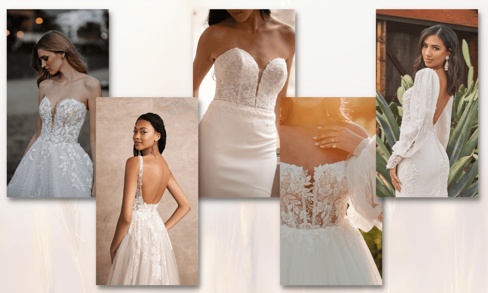 collage of different wedding dresses styles