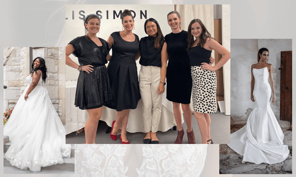 Collage of two brides in beautiful wedding dresses, and The White Dress team with Lis Simon at a bridal show