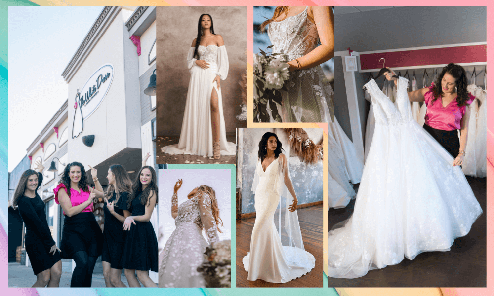 Collage of wedding dresses and The White Dress team