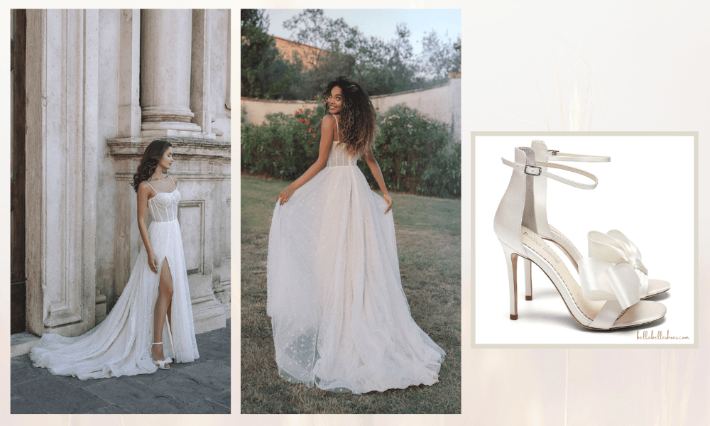 Dreamy Zuma wedding dress paired with beautiful strappy heels