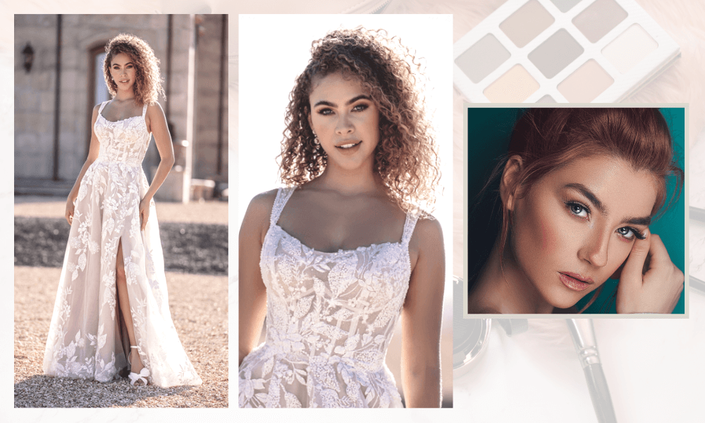 Soft glam makeup matched with the lace, high slit wedding dress, Rue