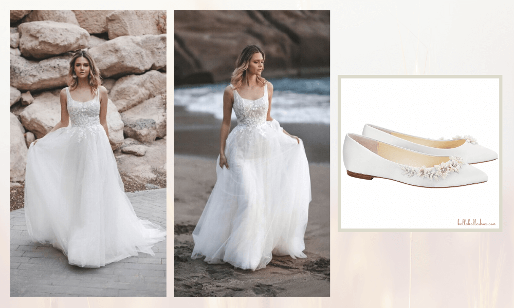 The graceful look of the wedding dress Sonia paired with bridal ballet flats are perfect for a beach wedding