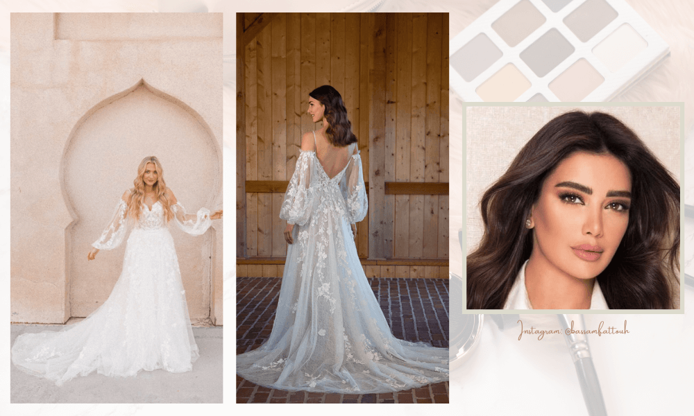 Smokey eyes makeup matched with the graceful, voluminous sleeves wedding dress, Indigo