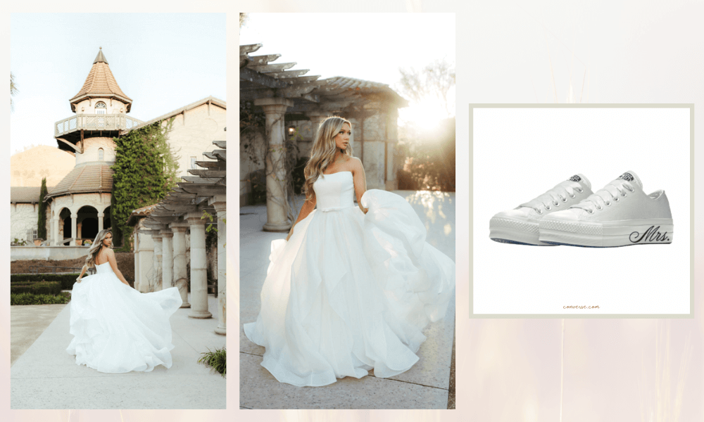 White custom sneakers paired with the beautiful strapless, full ballgown Eugenia