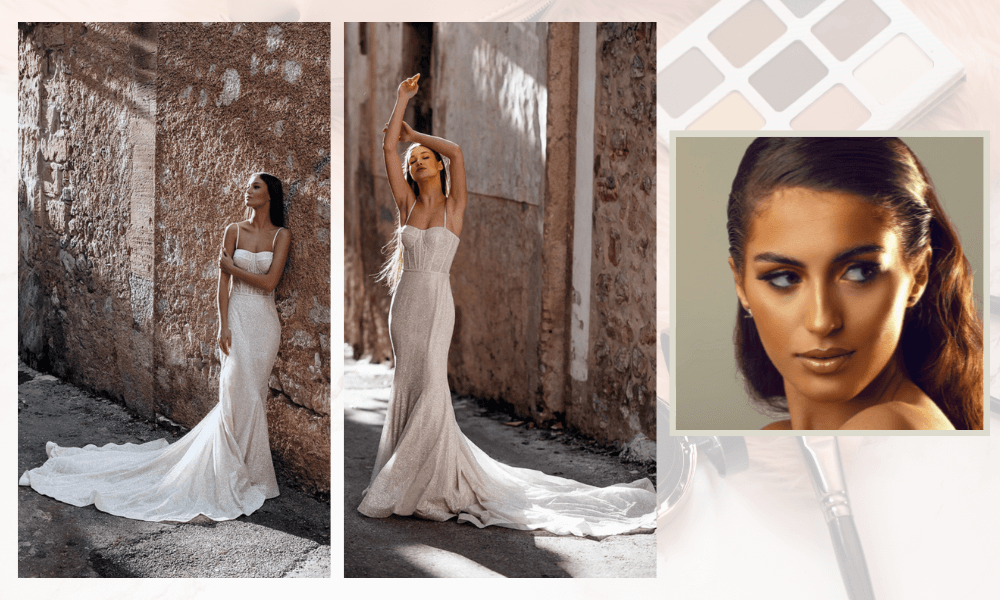 Shimmery makeup matched with the elegant sheath with a corset bodice wedding dress, Karina