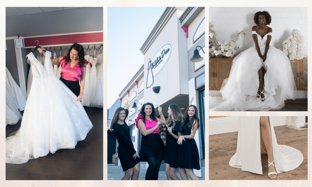 Collage of photos of the White Dress team and brides trying on wedding dresses with shoes