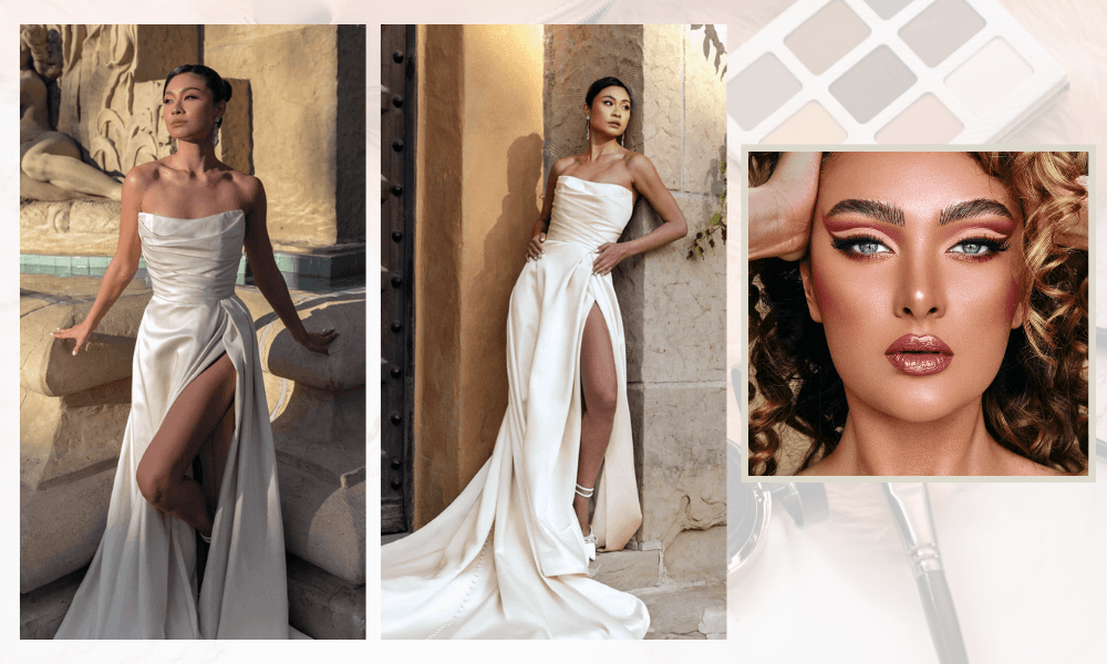 Bold, dramatic makeup matched with the satin A-line wedding dress, Landon